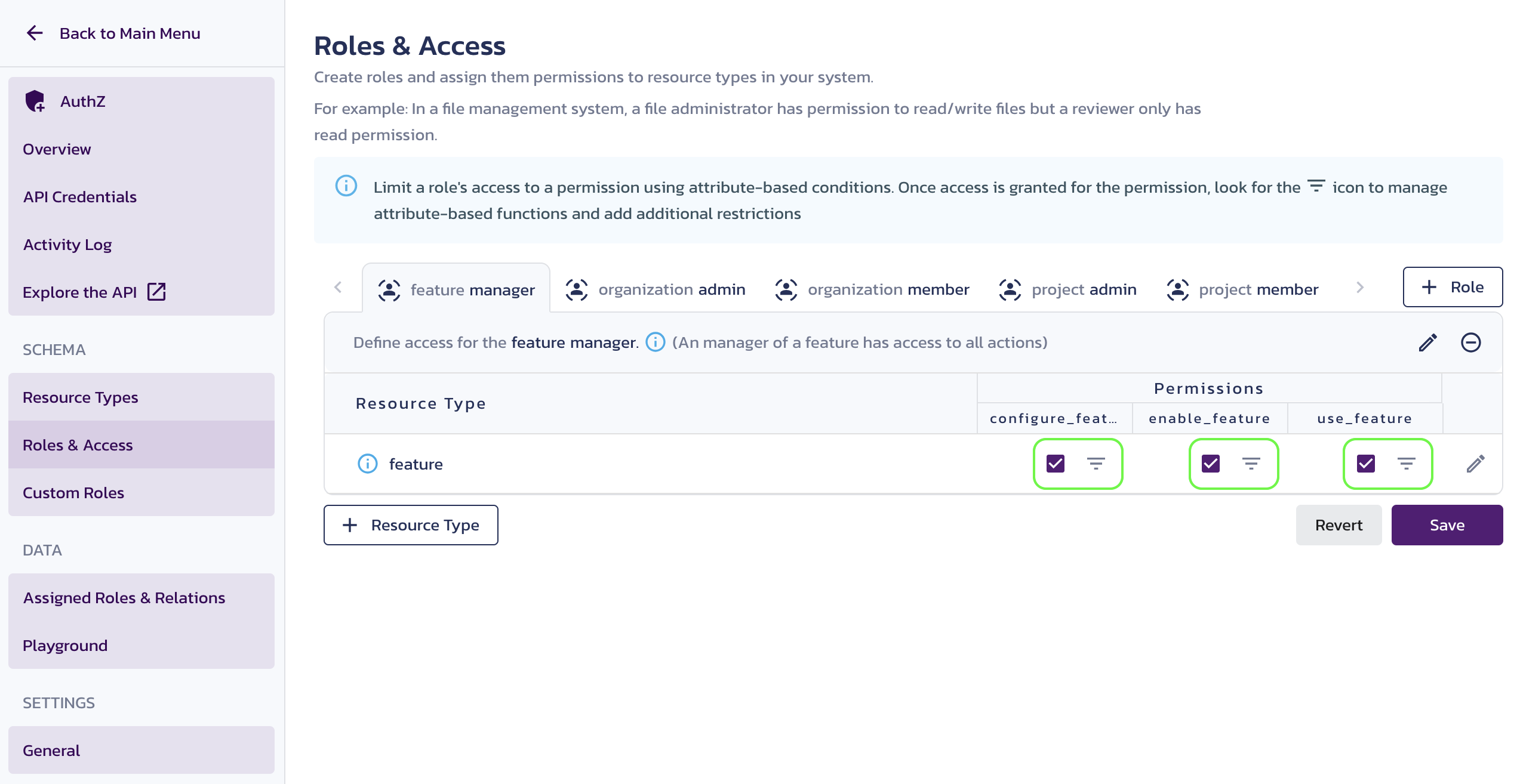 The link to managing ABAC conditions editing page on the AuthZ Roles & Access page in the Pangea User Console.