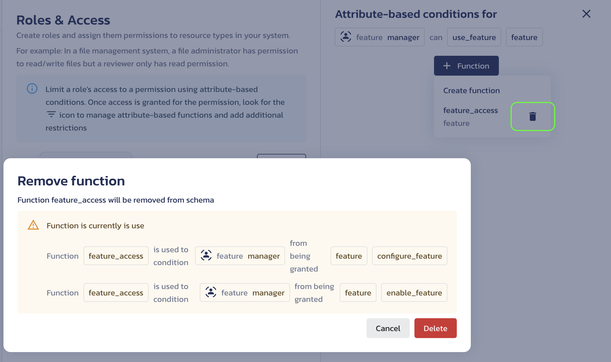 Remove ABAC function dialog on the AuthZ Roles & Access page in the Pangea User Console.