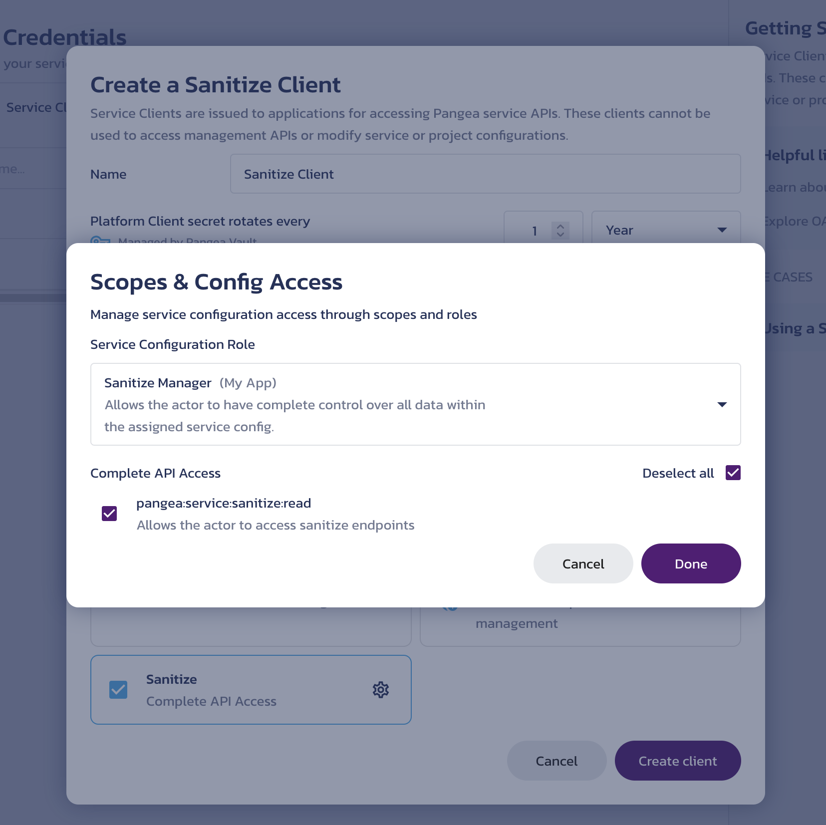 Select the role and scope for the service client Scopes & Config Access sub-dialog from the Create a service client dialog on the Sanitize API Credentials page in the Pangea User Console