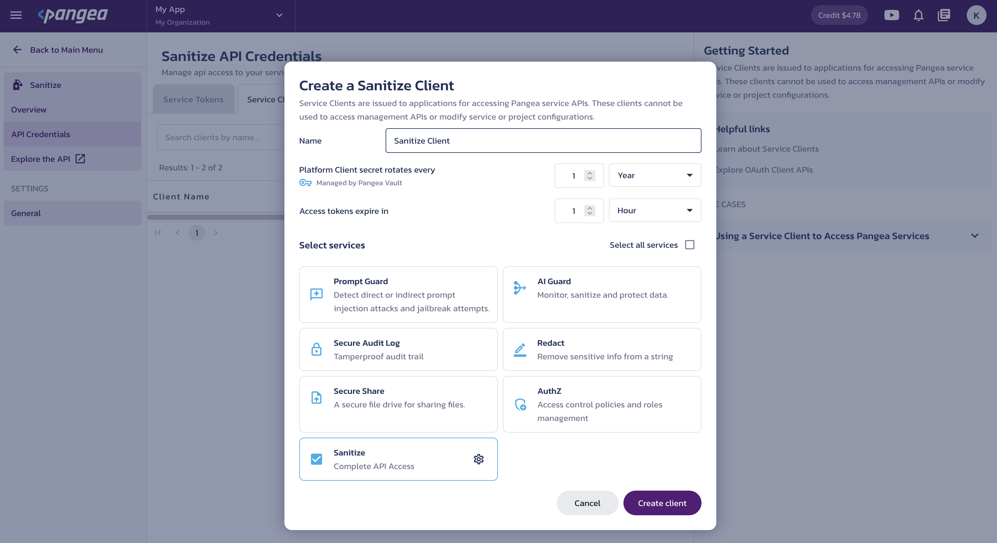 Create service client Create a client dialog on the Sanitize Credentials page in the Pangea User Console