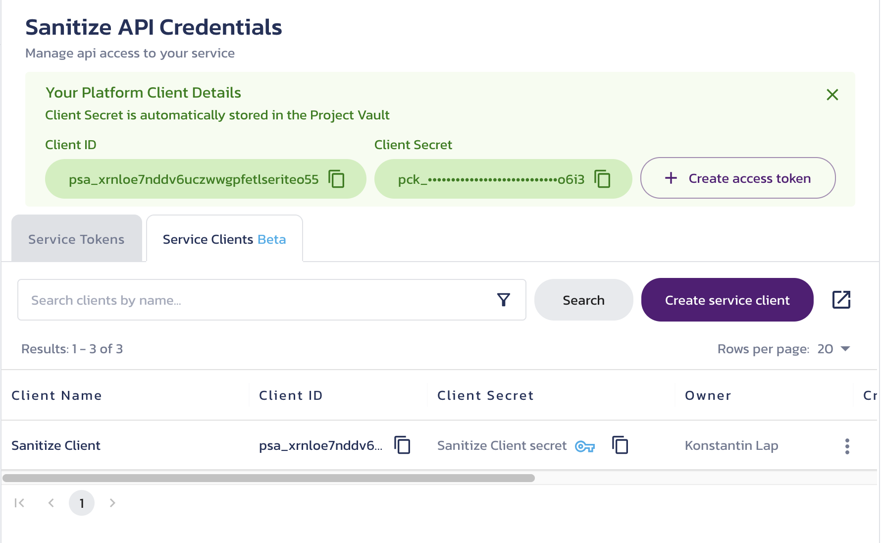 Temporarily displayed new client details New client details temporarily displayed on the Sanitize Credentials page in the Pangea User Console