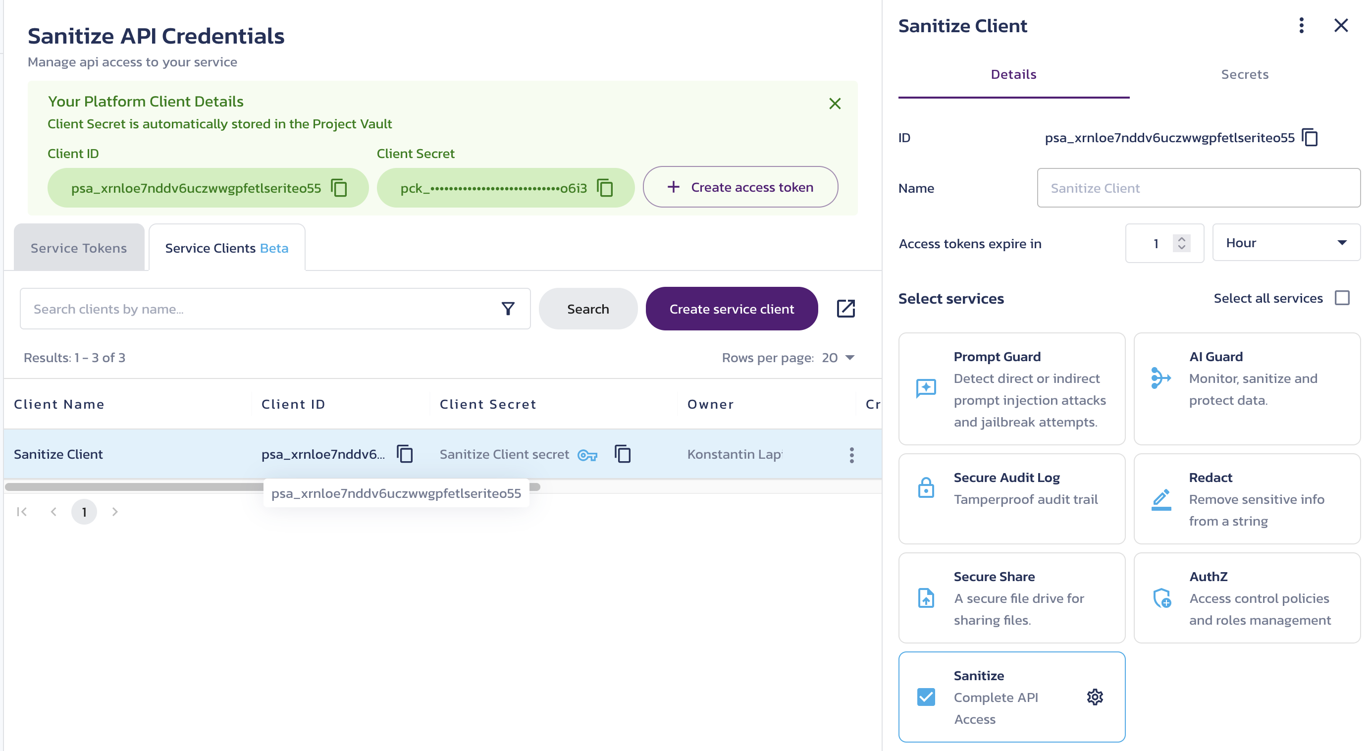 Client details page Client details page for a selected client on the Sanitize Credentials page in the Pangea User Console