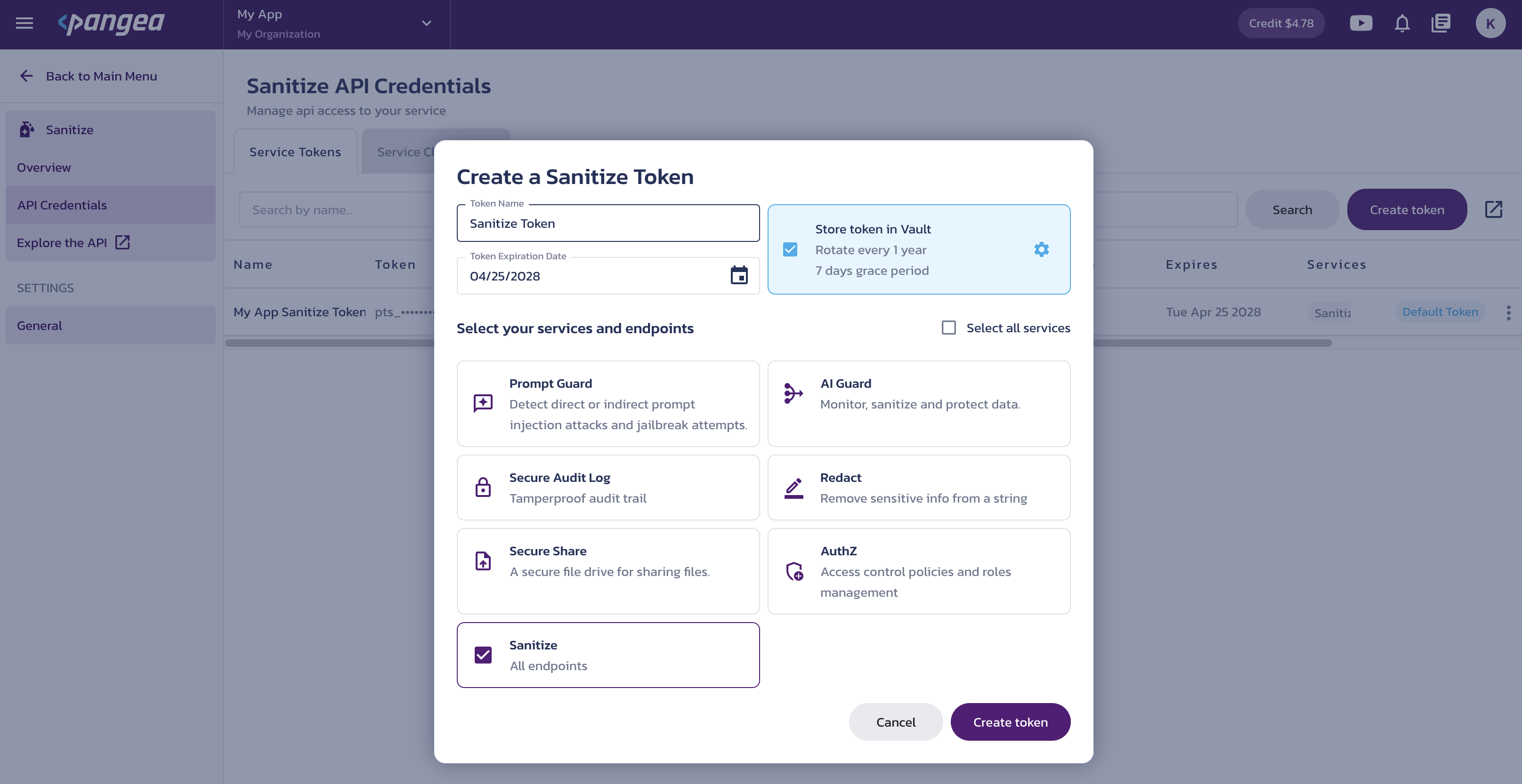 Create service token Create a service token dialog on the Sanitize API Credentials page in the Pangea User Console