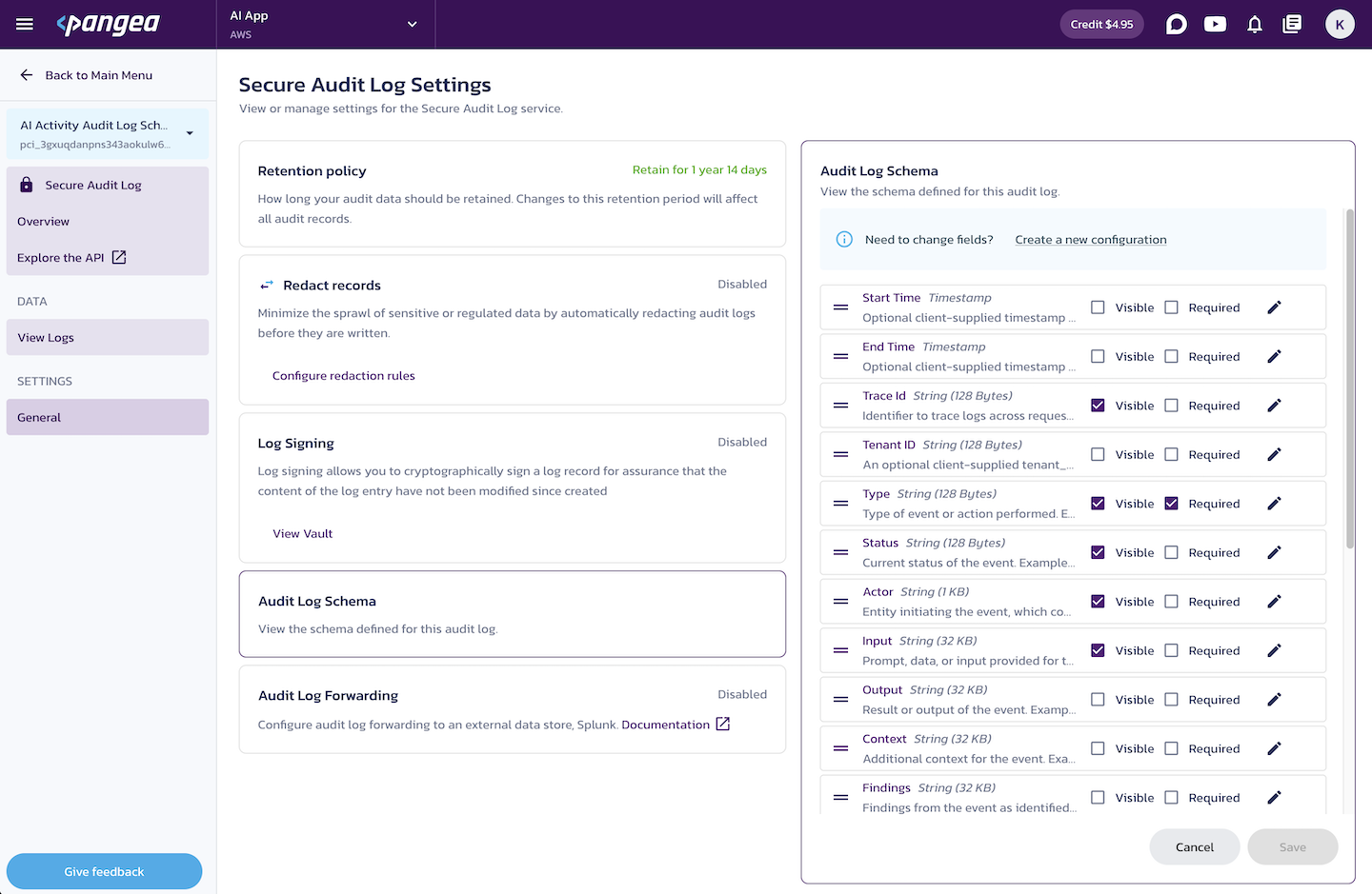 Audit Schema settings on the Secure Audit Log General settings page in the Pangea User Console