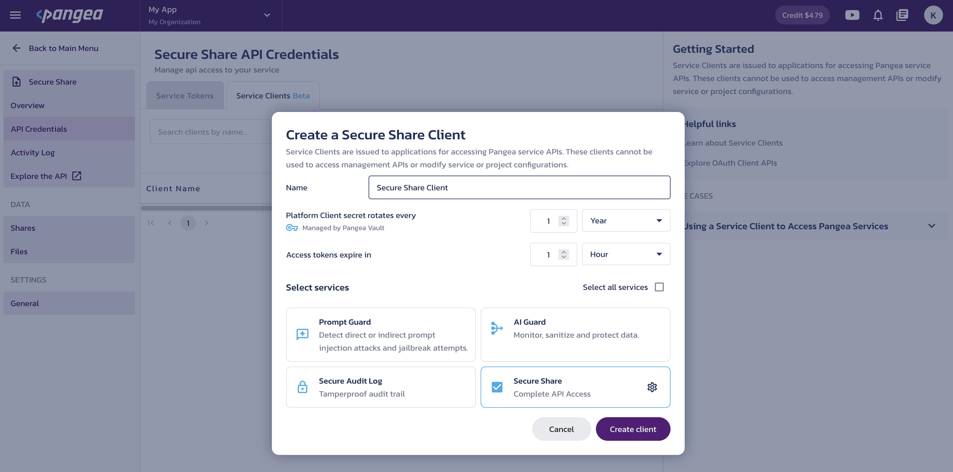Create service client Create a client dialog on the Secure Share Credentials page in the Pangea User Console