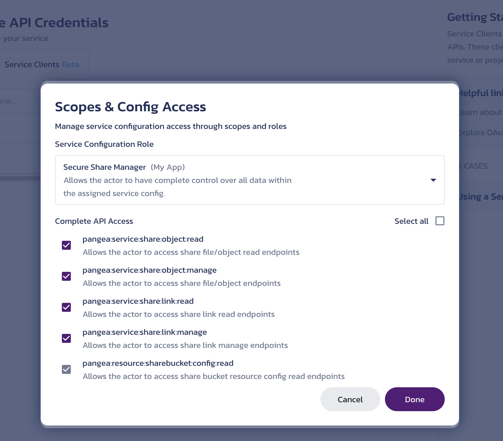 Select the role and scope for the service client Scopes & Config Access sub-dialog from the Create a service client dialog on the Secure Share API Credentials page in the Pangea User Console