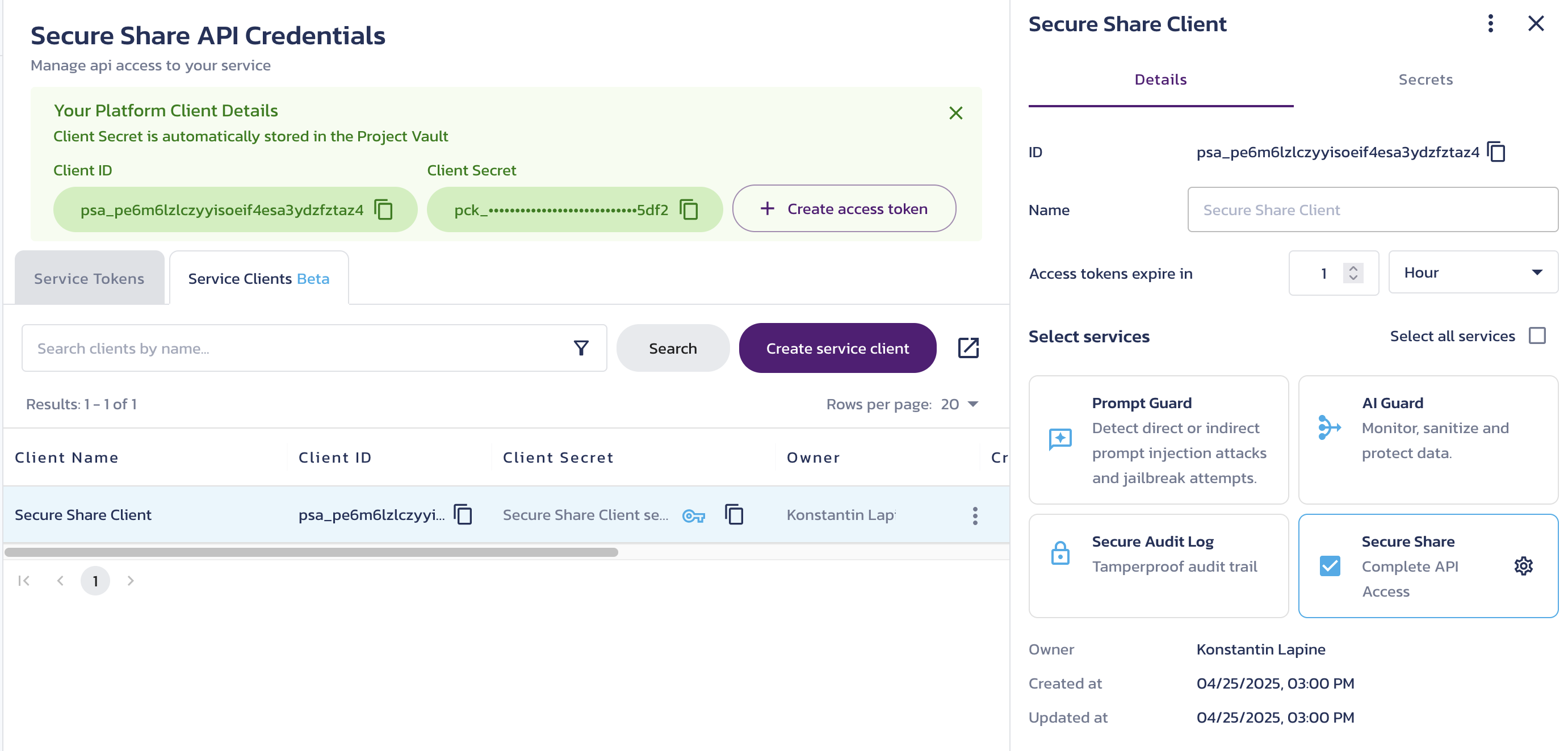 Client details page Client details page for a selected client on the Secure Share Credentials page in the Pangea User Console