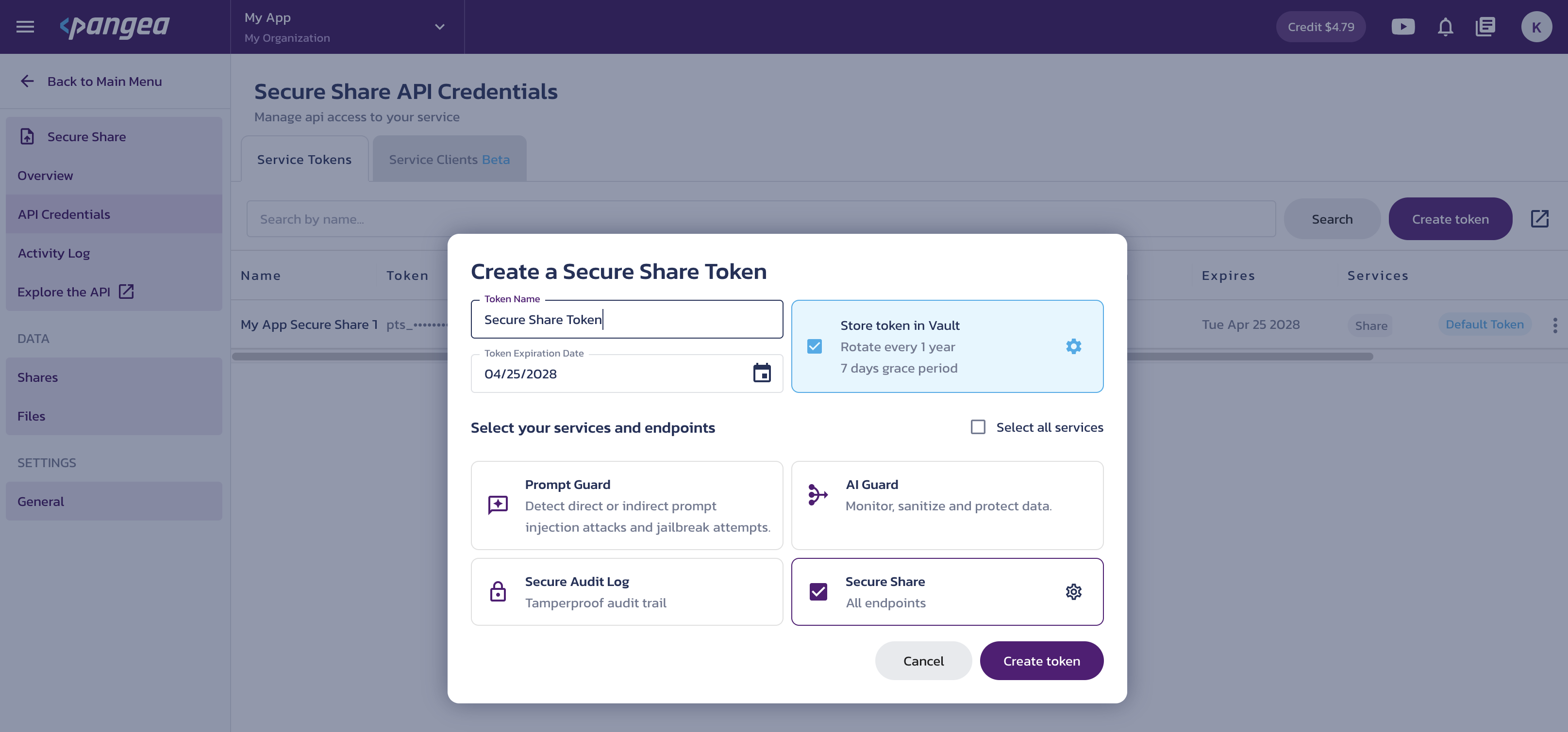 Create service token Create a service token dialog on the Secure Share API Credentials page in the Pangea User Console