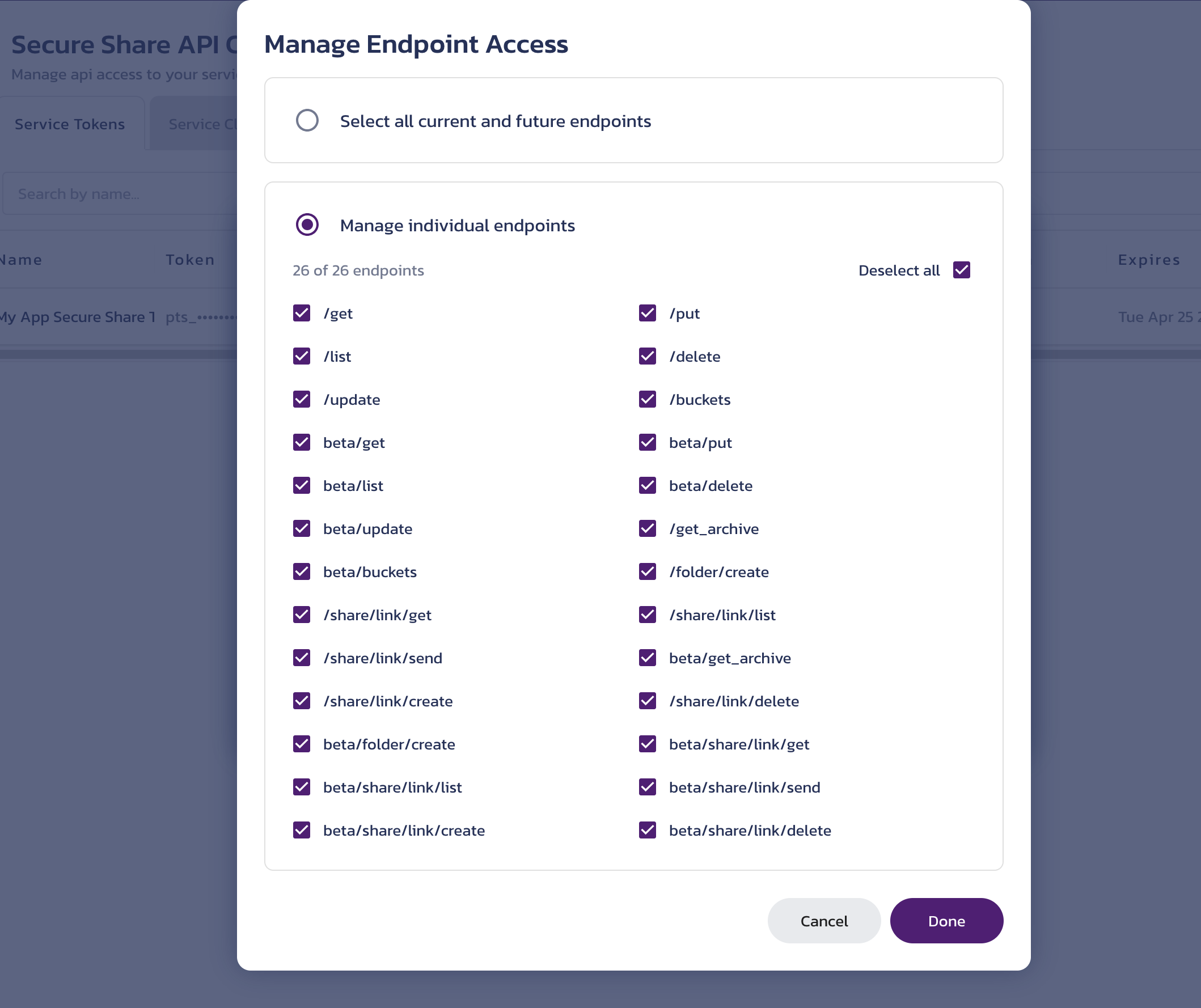 Service token configuration options for Secure Share Create a service token dialog on the Secure Share API Credentials page in the Pangea User Console