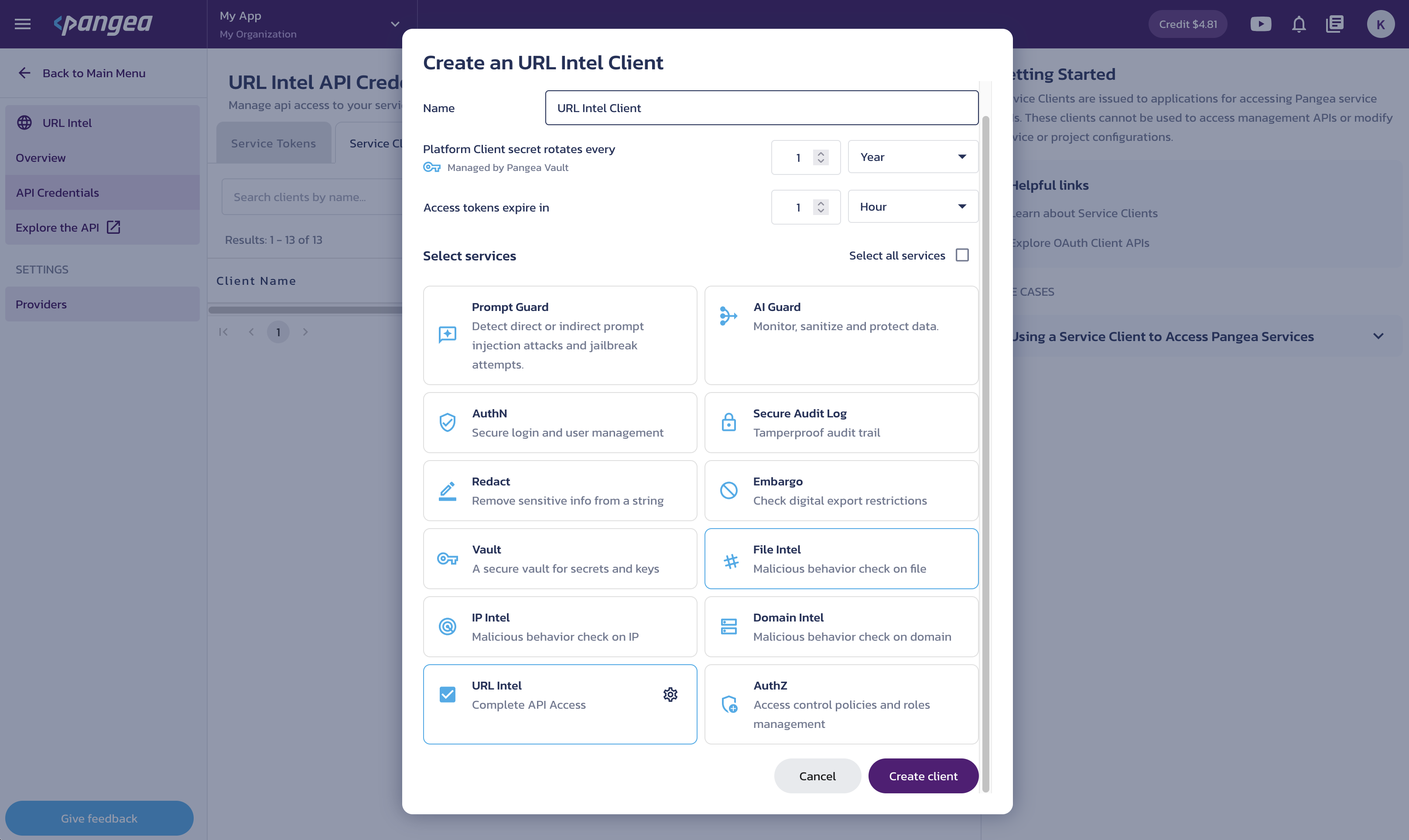 Create service client Create a client dialog on the URL Intel Credentials page in the Pangea User Console