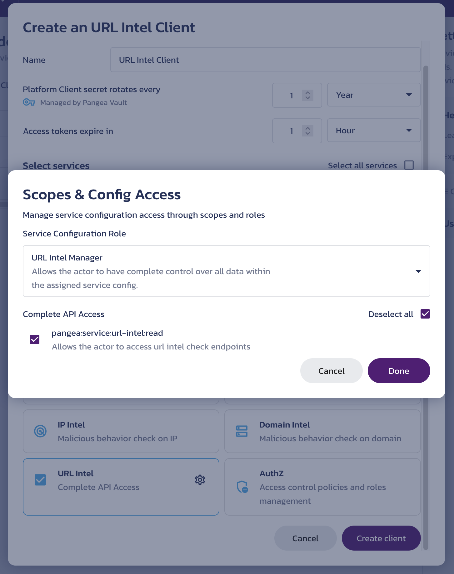Select the role and scope for the service client Scopes & Config Access sub-dialog from the Create a service client dialog on the URL Intel API Credentials page in the Pangea User Console