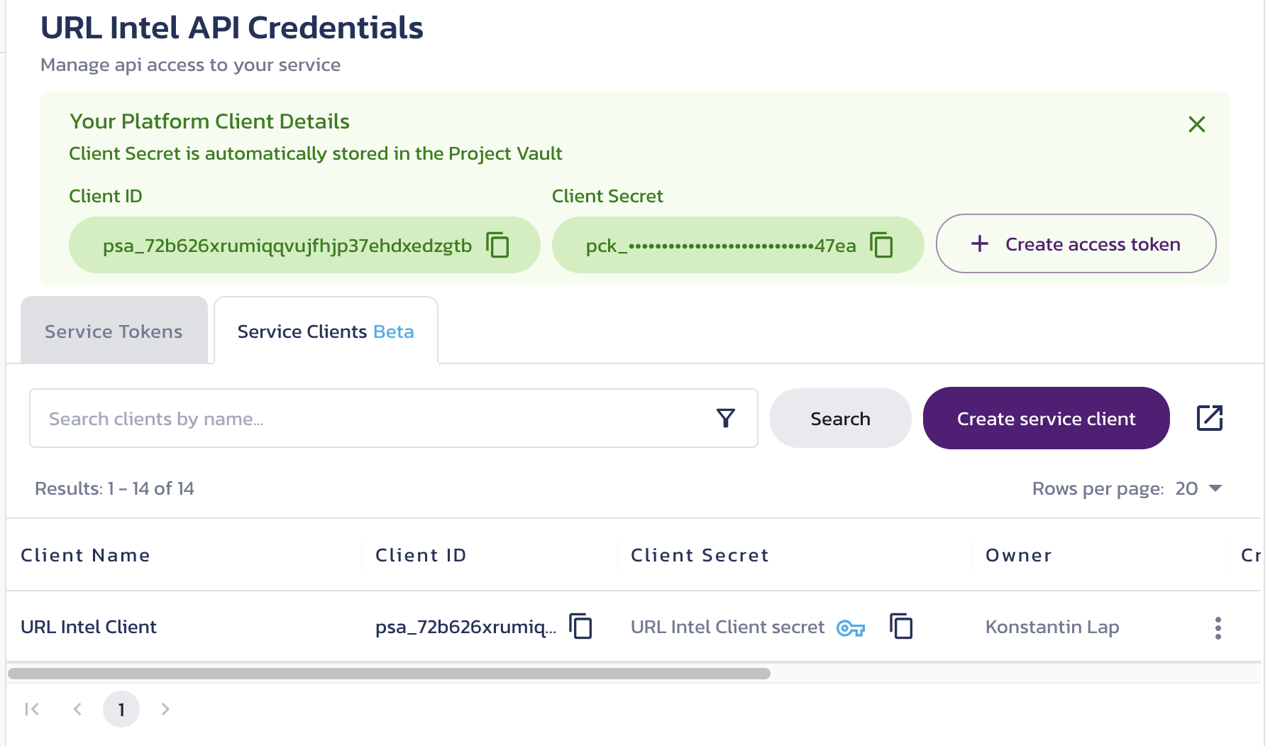 Temporarily displayed new client details New client details temporarily displayed on the URL Intel Credentials page in the Pangea User Console