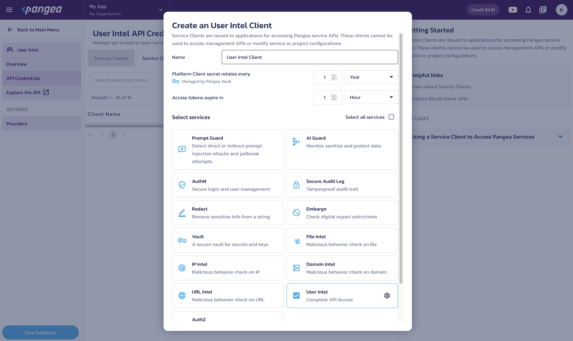 Create service client Create a client dialog on the User Intel Credentials page in the Pangea User Console