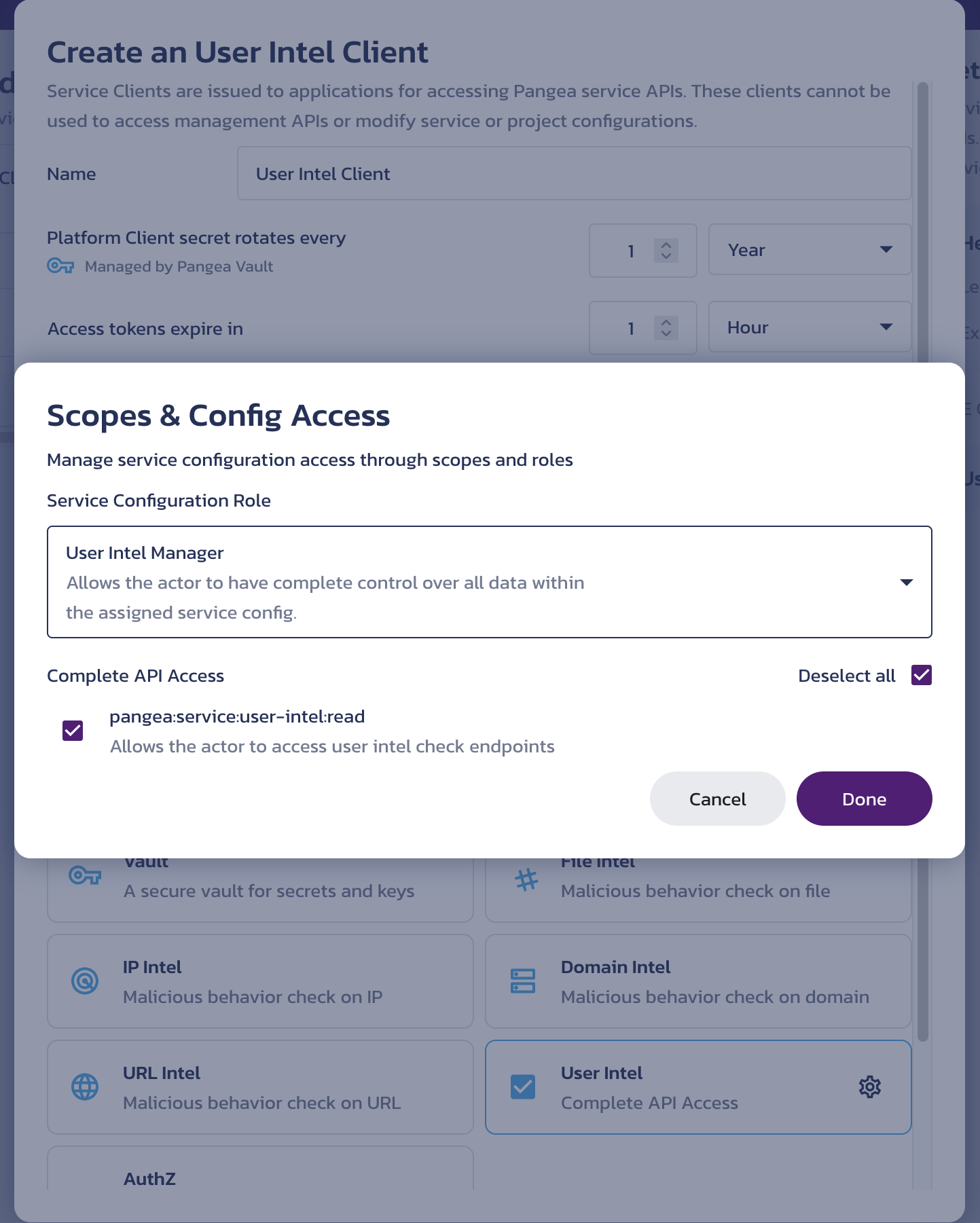 Select the role and scope for the service client Scopes & Config Access sub-dialog from the Create a service client dialog on the User Intel API Credentials page in the Pangea User Console