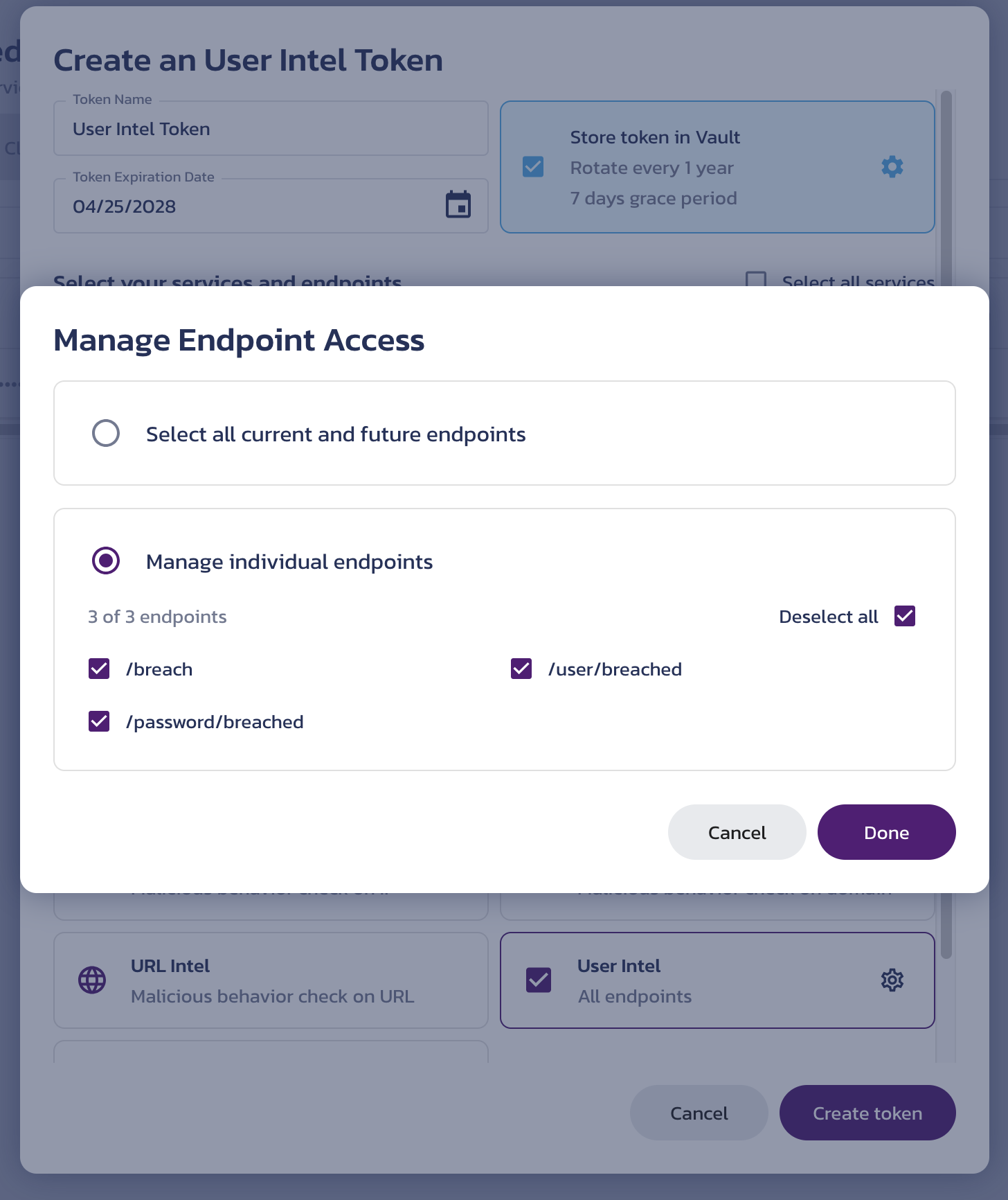 Service token configuration options for User Intel Create a service token dialog on the User Intel API Credentials page in the Pangea User Console