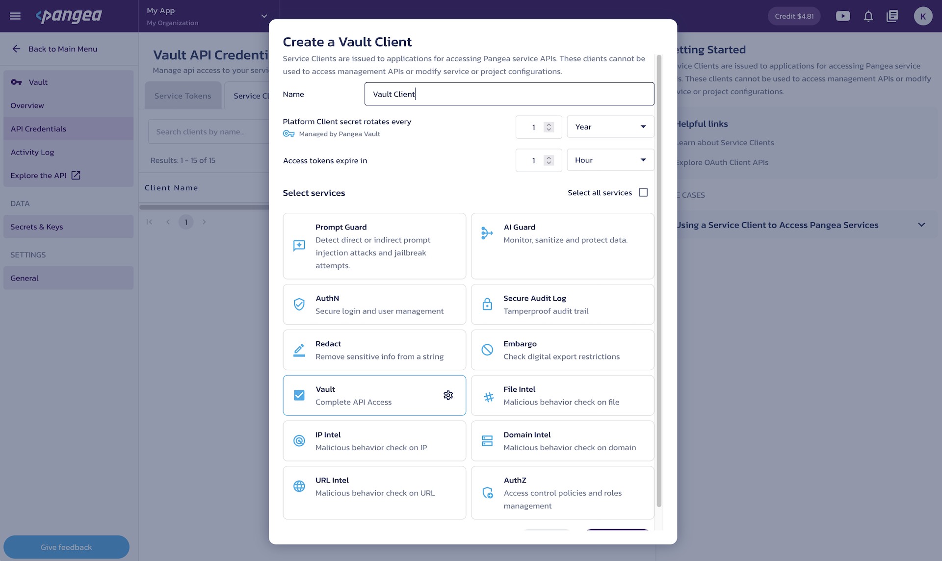 Create service client Create a client dialog on the Vault Credentials page in the Pangea User Console