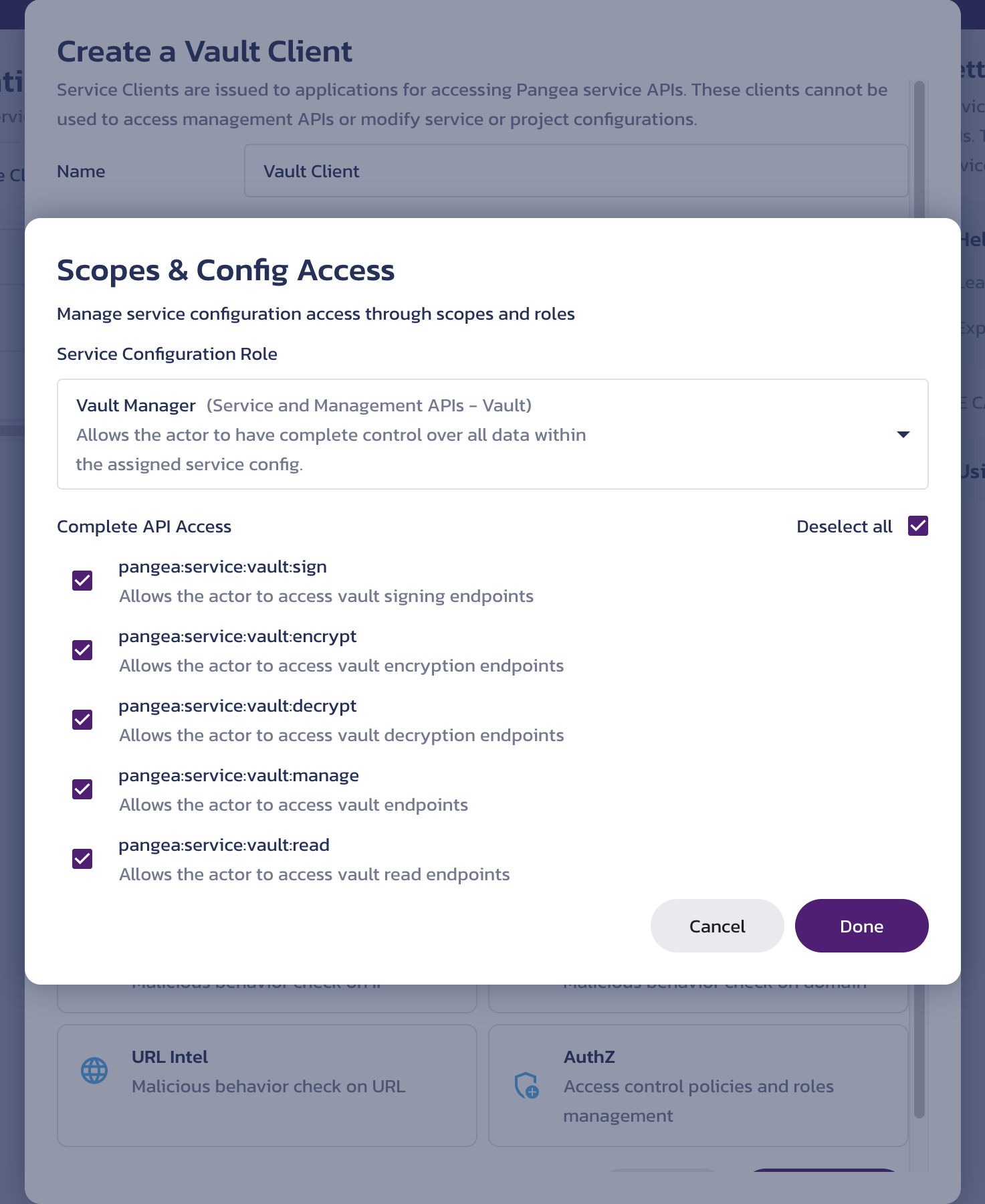 Select the role and scope for the service client Scopes & Config Access sub-dialog from the Create a service client dialog on the Vault API Credentials page in the Pangea User Console