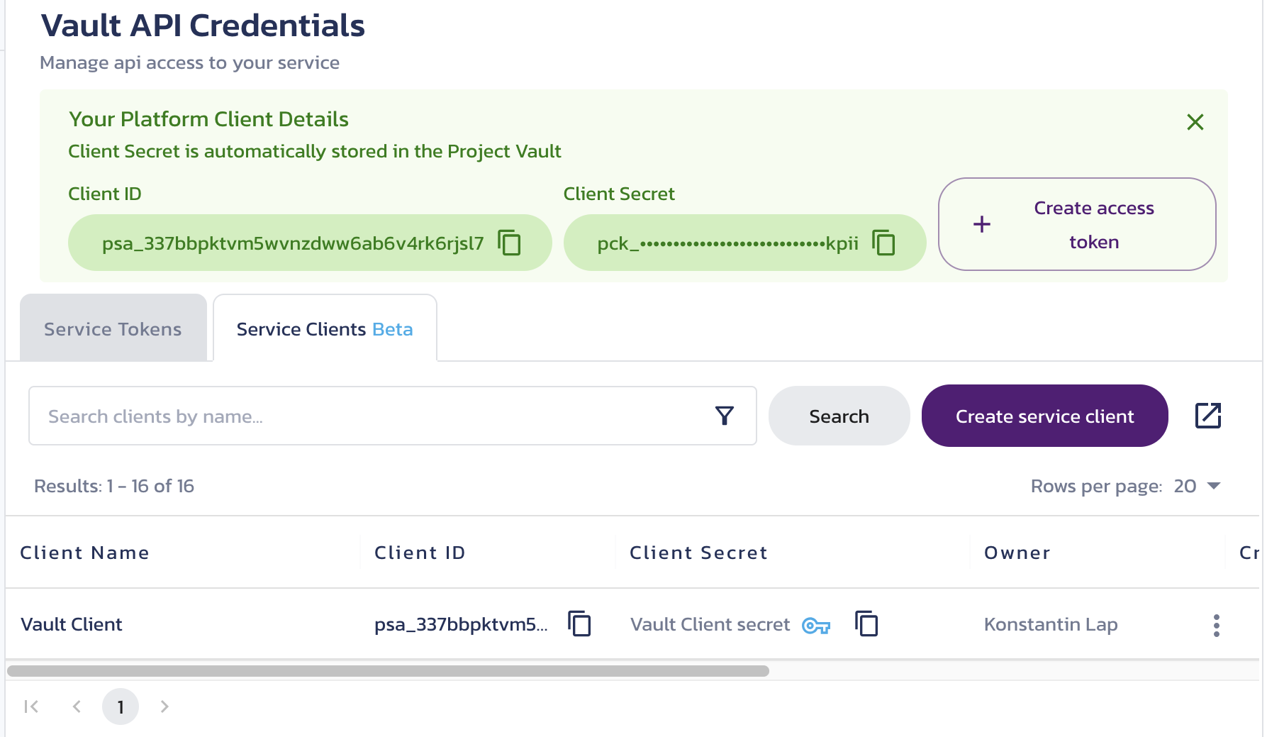 Temporarily displayed new client details New client details temporarily displayed on the Vault Credentials page in the Pangea User Console