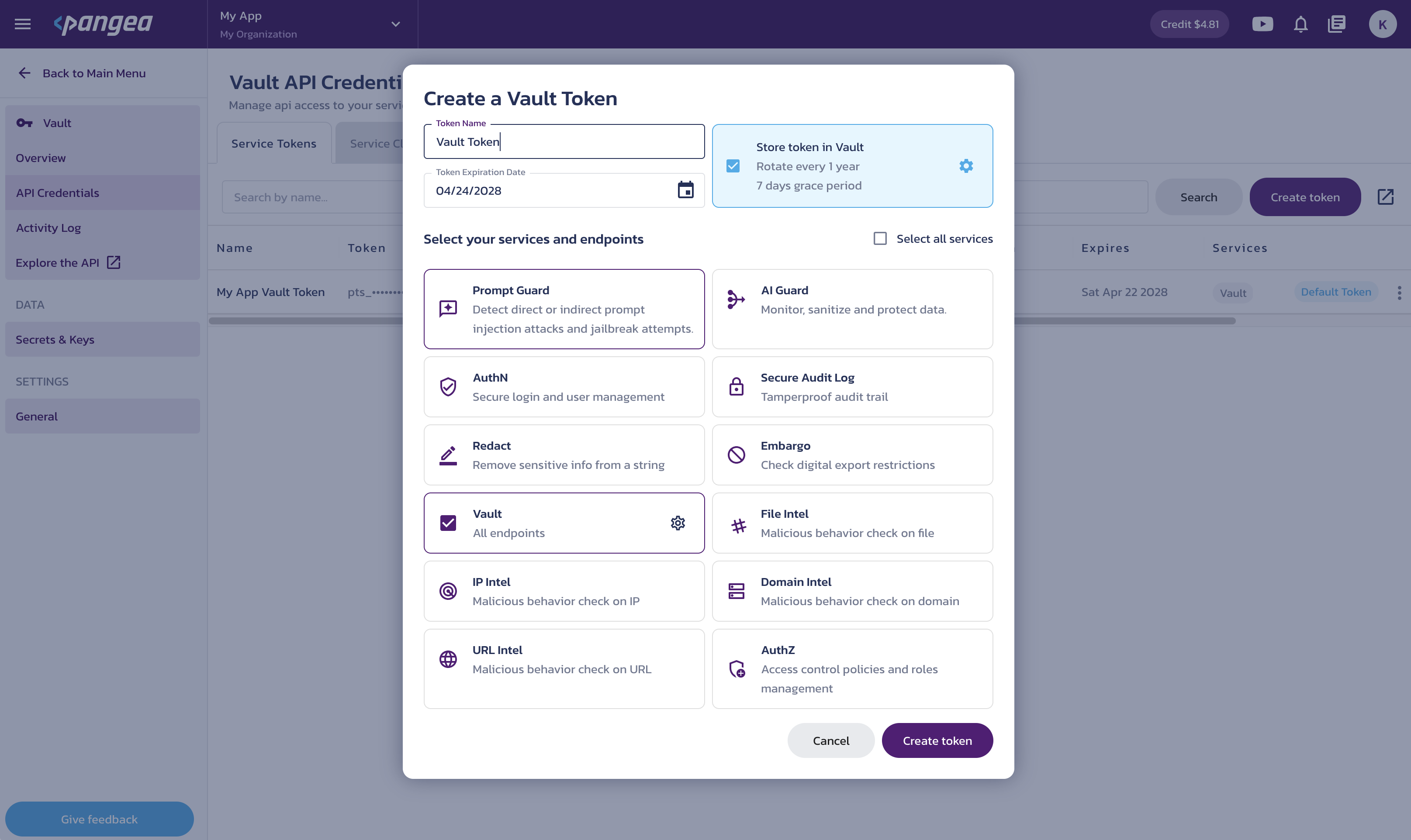 Create service token Create a service token dialog on the Vault API Credentials page in the Pangea User Console