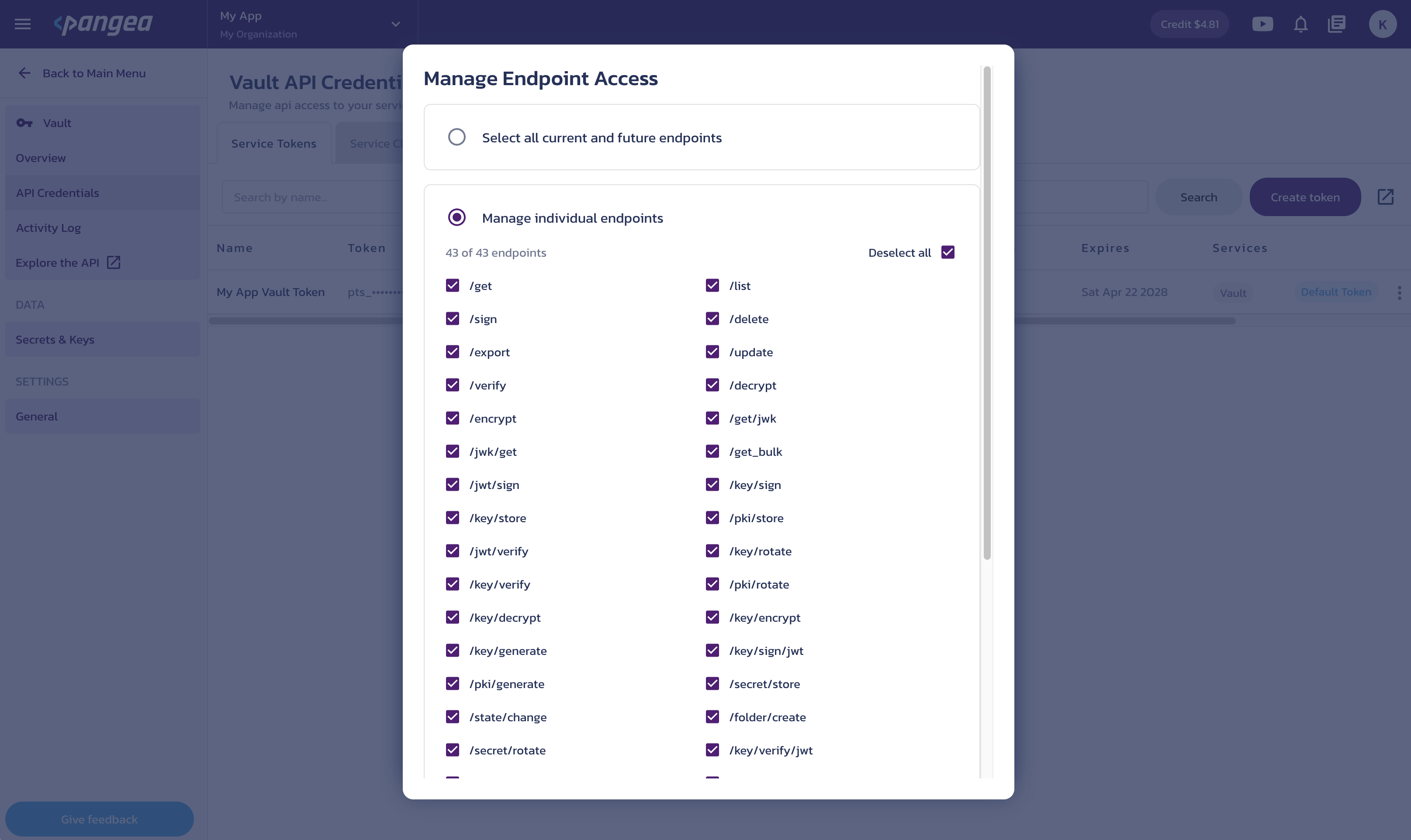 Service token configuration options for Vault Create a service token dialog on the Vault API Credentials page in the Pangea User Console