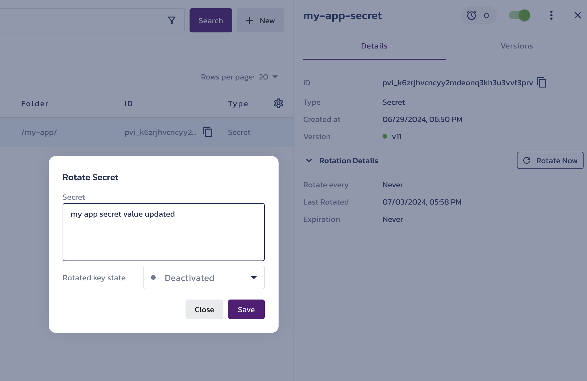 Rotate a secret dialog in my-app folder on Vault's Secrets & Keys page in the Pangea User Console