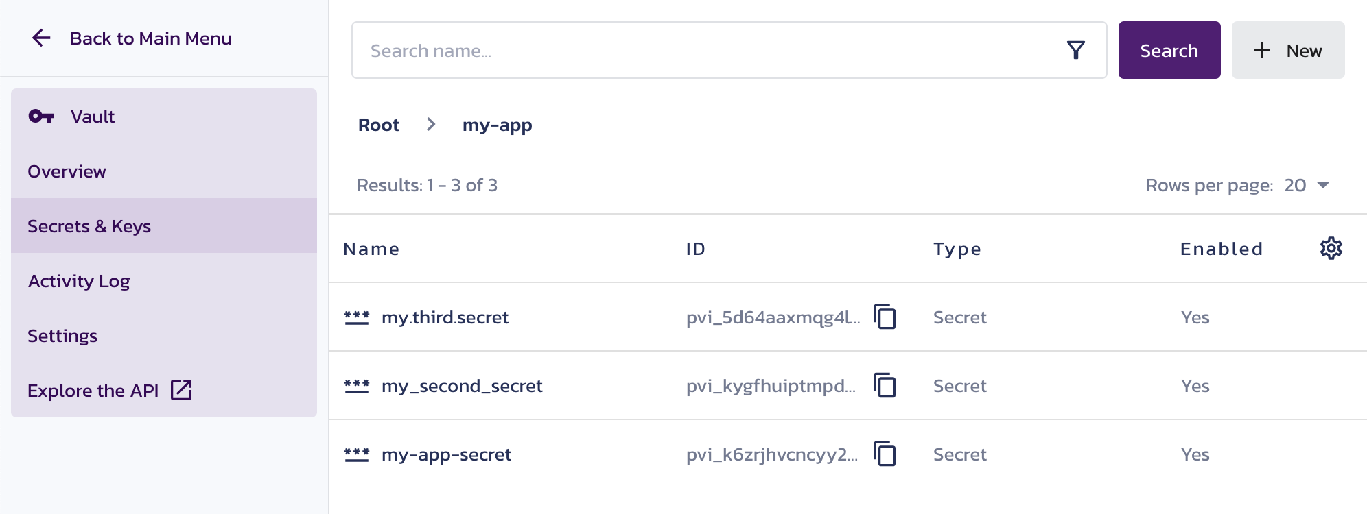 my-app folder on Vault's Secrets & Keys page in the Pangea User Console with a secret and a token