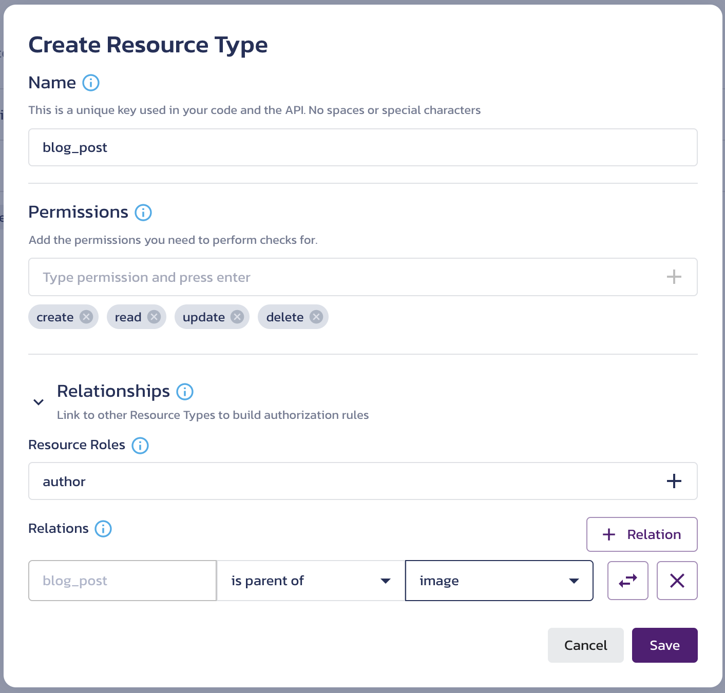 Edit Resource Type dialog for blog_post