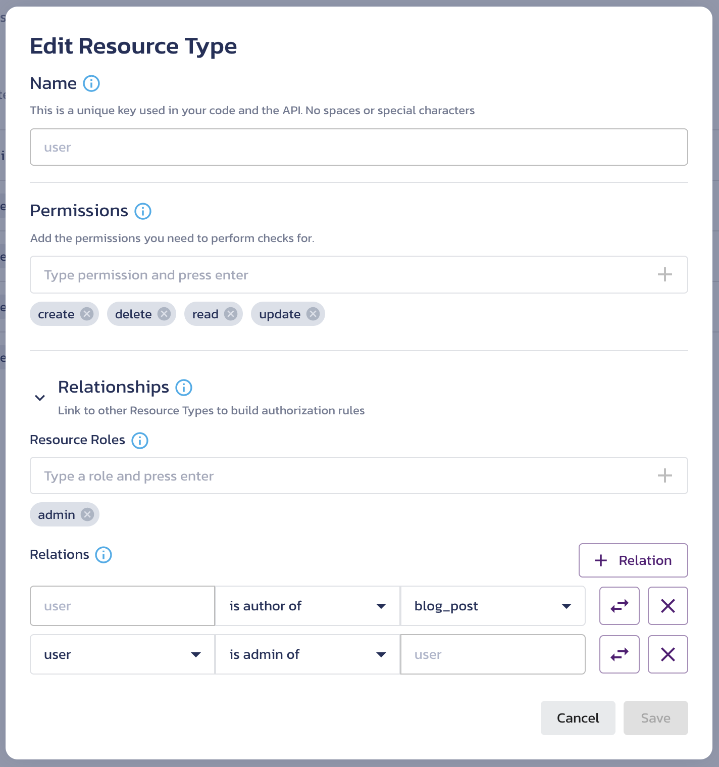 Edit Resource Type dialog for user