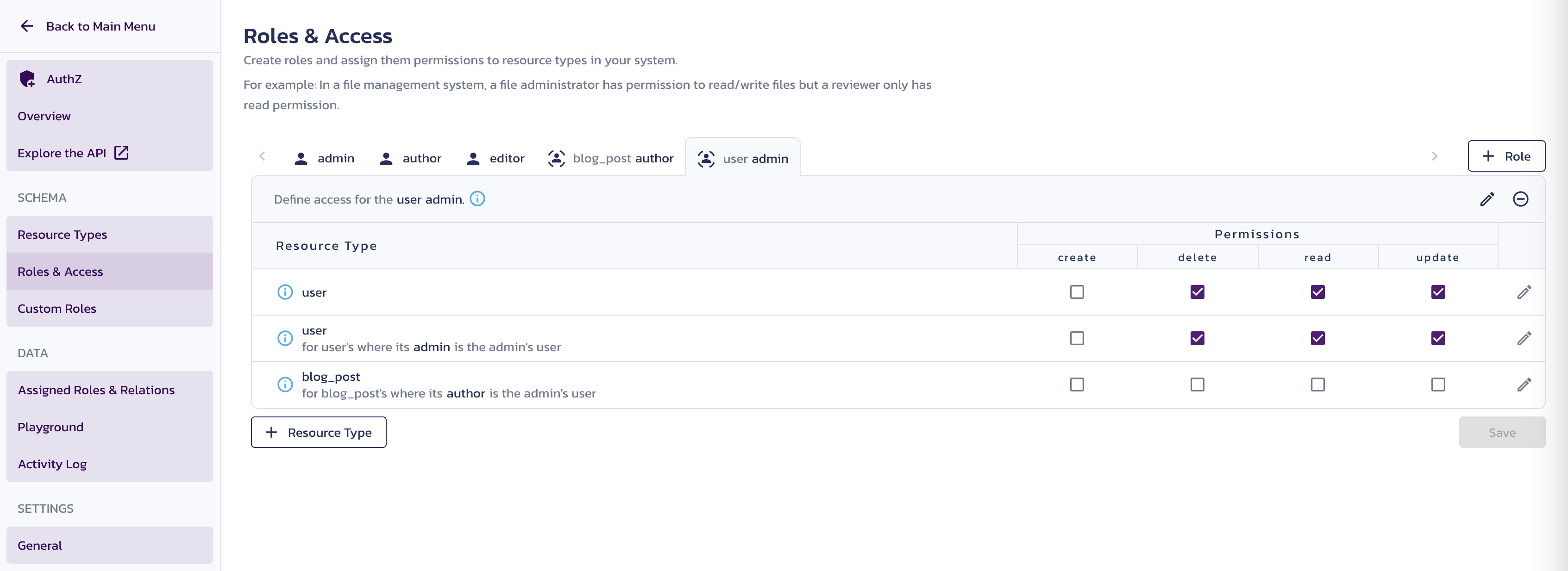 Roles and Access in the Pangea User Console with the user admin role permissions displayed