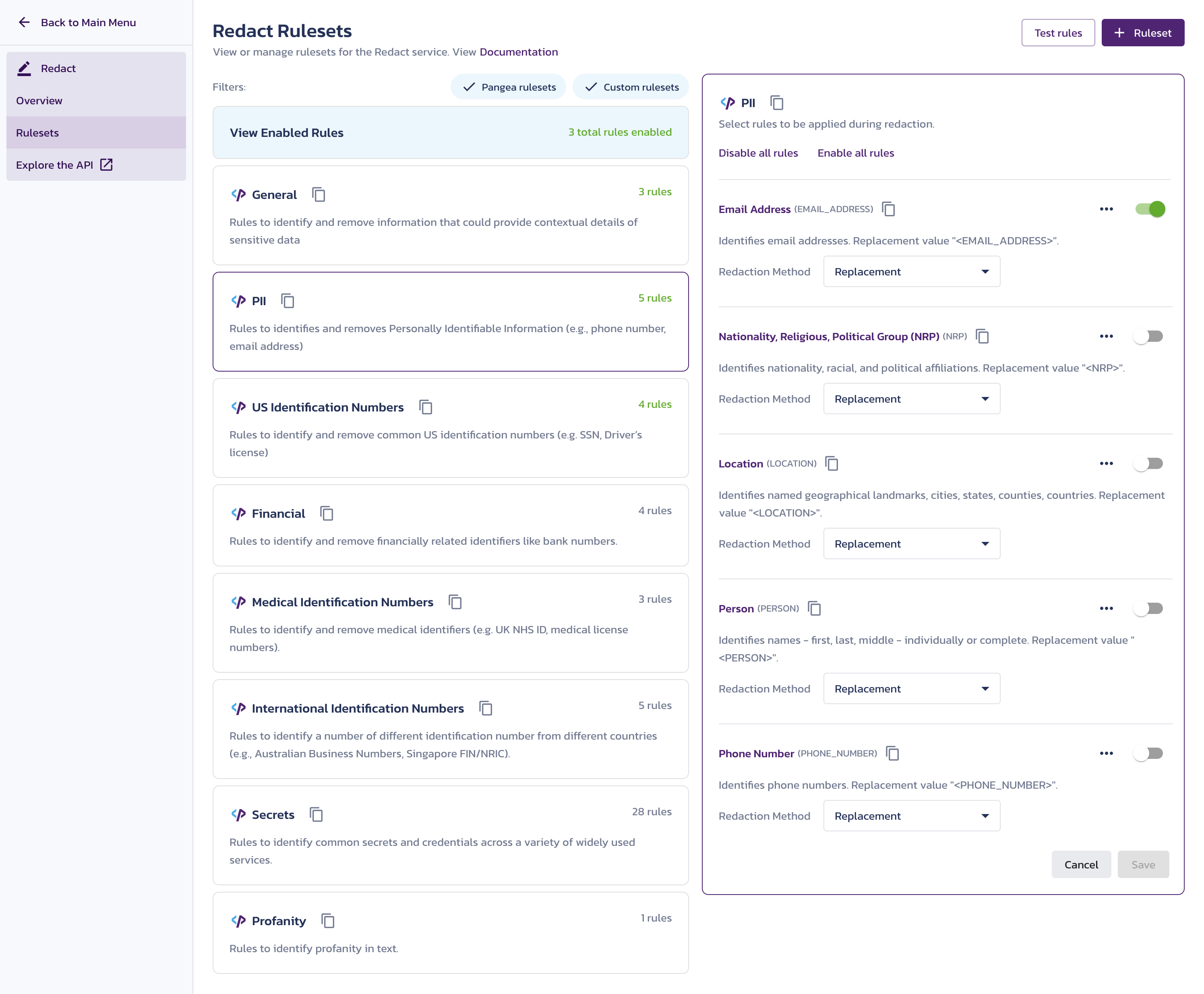 Redact Rulesets page