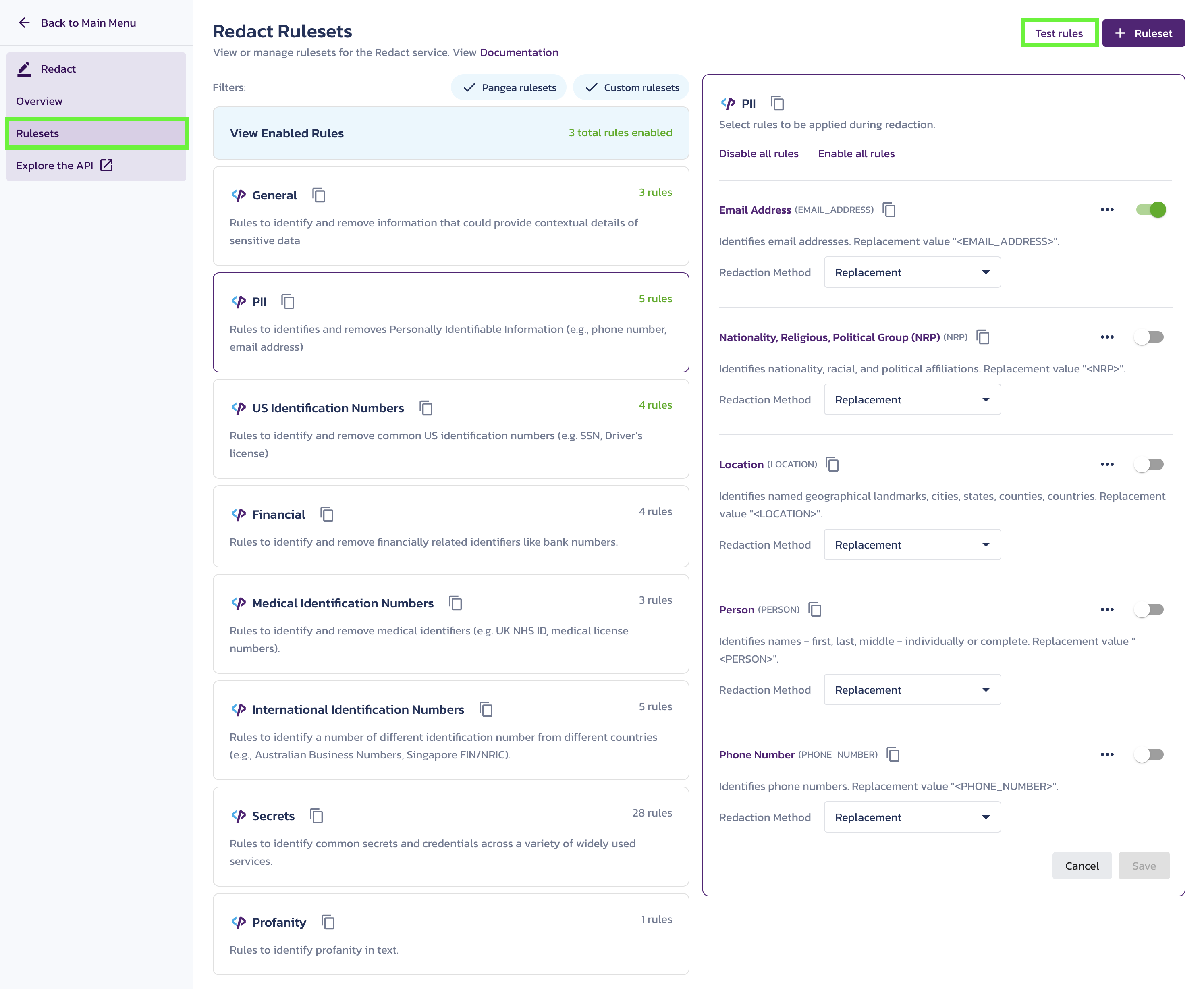 Redact Rulesets page